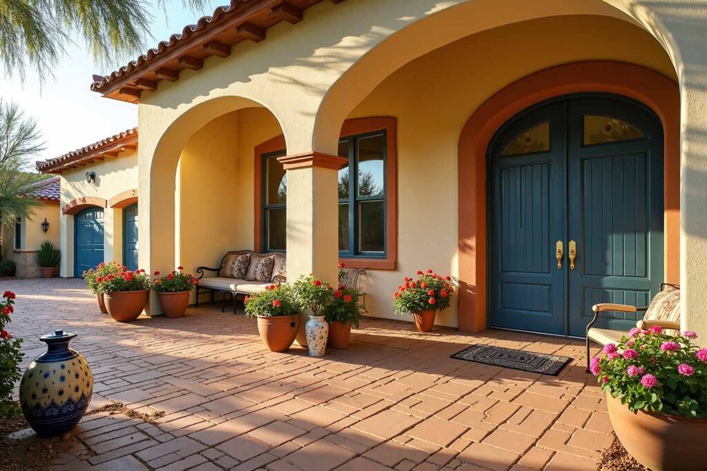 Mediterranean-Style Home With Warm Cream Walls Terra Cotta Trim and Blue Door, Outdoor home painting, exterior house painting, Home exterior painting, Outside house painting, External home painting, House exterior painting, Residential exterior painting, Facade painting, Exterior wall painting, Outdoor color schemes, External house color concepts, Outside painting inspiration, Home exterior color suggestions, Outdoor paint design concepts, External color combinations, House facade color ideas, Residential exterior colors, Street view attractiveness, Home exterior aesthetics, Outside home appearance, External home charm, Property visual appeal, Front-facing attractiveness, Home facade enhancement, First impression enhancement, Home color inspiration, Residential paint concepts, House color motivation, Home exterior design ideas, Painting design stimulus, Residential color concepts, Home exterior vision, Property painting concepts