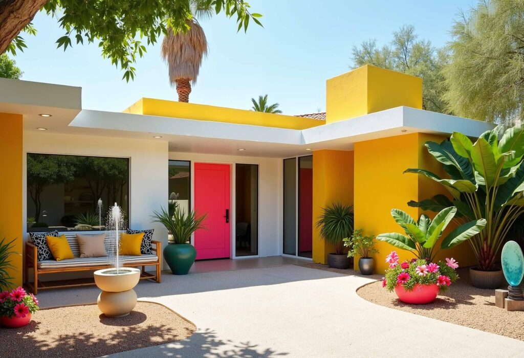 Modern Tropical Abode With Sunny Lemon Walls And White Trim Pink Door, Outdoor home painting, exterior house painting, Home exterior painting, Outside house painting, External home painting, House exterior painting, Residential exterior painting, Facade painting, Exterior wall painting, Outdoor color schemes, External house color concepts, Outside painting inspiration, Home exterior color suggestions, Outdoor paint design concepts, External color combinations, House facade color ideas, Residential exterior colors, Street view attractiveness, Home exterior aesthetics, Outside home appearance, External home charm, Property visual appeal, Front-facing attractiveness, Home facade enhancement, First impression enhancement, Home color inspiration, Residential paint concepts, House color motivation, Home exterior design ideas, Painting design stimulus, Residential color concepts, Home exterior vision, Property painting concepts