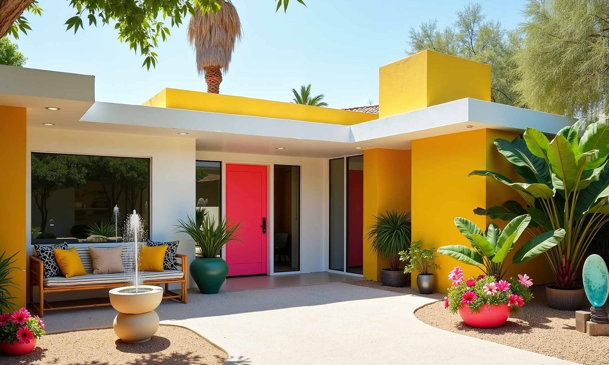 Modern Tropical Abode With Sunny Lemon Walls And White Trim Pink Door, Outdoor home painting, exterior house painting, Home exterior painting, Outside house painting, External home painting, House exterior painting, Residential exterior painting, Facade painting, Exterior wall painting, Outdoor color schemes, External house color concepts, Outside painting inspiration, Home exterior color suggestions, Outdoor paint design concepts, External color combinations, House facade color ideas, Residential exterior colors, Street view attractiveness, Home exterior aesthetics, Outside home appearance, External home charm, Property visual appeal, Front-facing attractiveness, Home facade enhancement, First impression enhancement, Home color inspiration, Residential paint concepts, House color motivation, Home exterior design ideas, Painting design stimulus, Residential color concepts, Home exterior vision, Property painting concepts