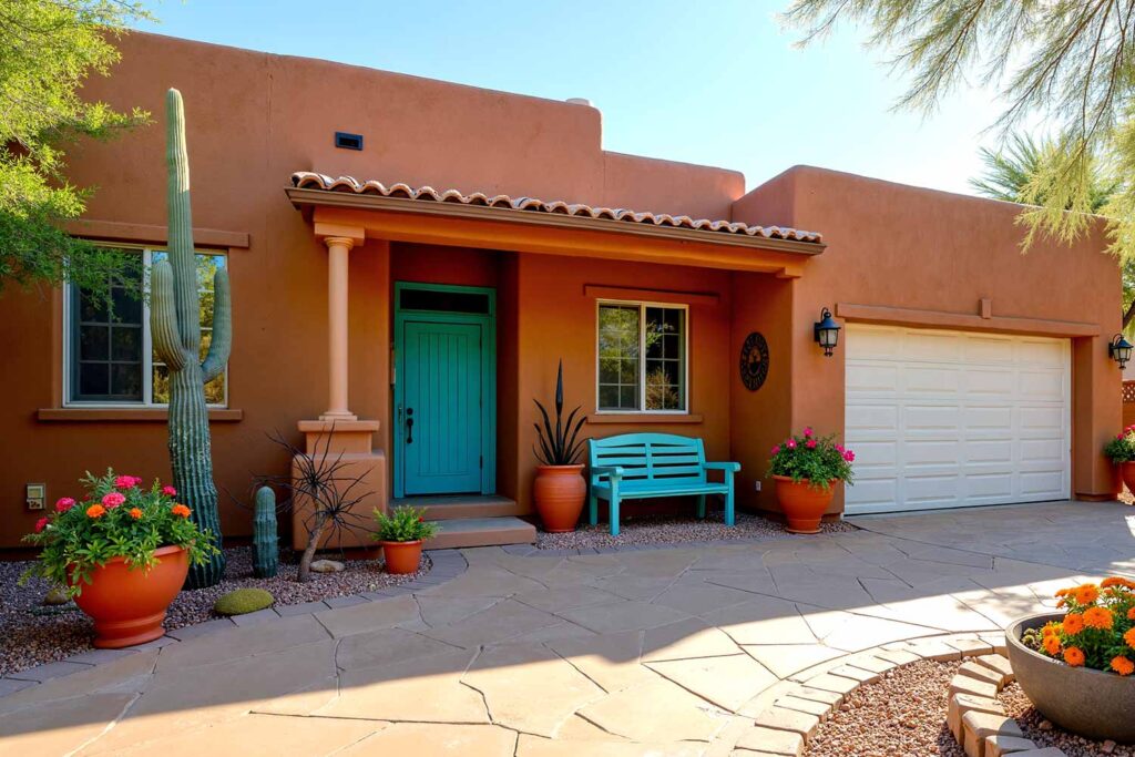 Southwestern-Style Home with Dark Terracotta Walls Sand Beige Trim and Turquoise Door, Outdoor home painting, exterior house painting, Home exterior painting, Outside house painting, External home painting, House exterior painting, Residential exterior painting, Facade painting, Exterior wall painting, Outdoor color schemes, External house color concepts, Outside painting inspiration, Home exterior color suggestions, Outdoor paint design concepts, External color combinations, House facade color ideas, Residential exterior colors, Street view attractiveness, Home exterior aesthetics, Outside home appearance, External home charm, Property visual appeal, Front-facing attractiveness, Home facade enhancement, First impression enhancement, Home color inspiration, Residential paint concepts, House color motivation, Home exterior design ideas, Painting design stimulus, Residential color concepts, Home exterior vision, Property painting concepts