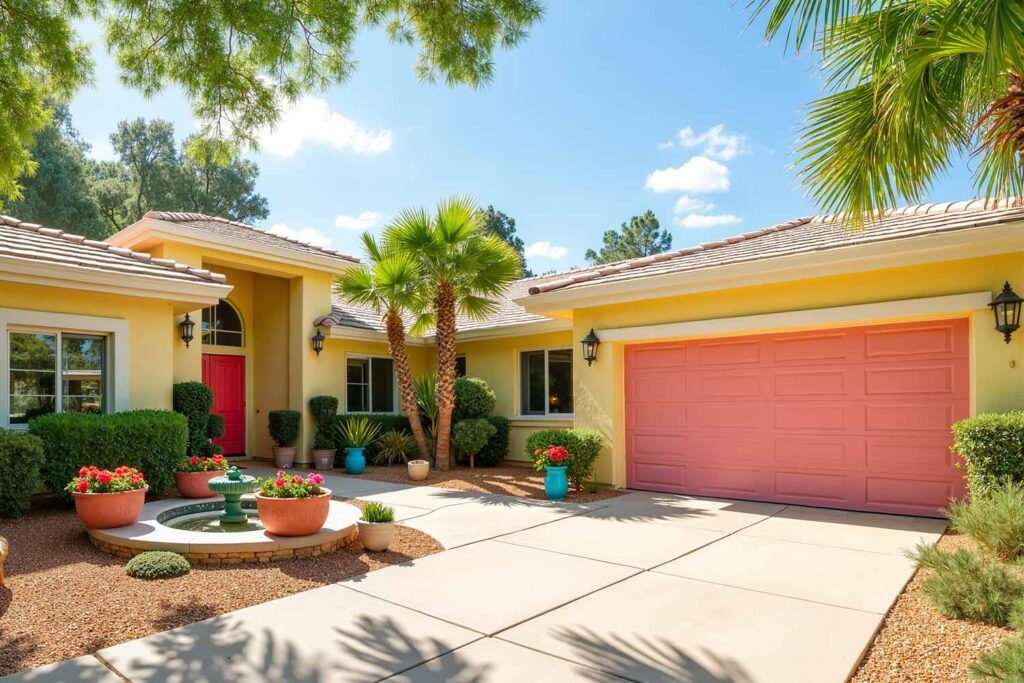 Tropical-Inspired Home Pale Yellow Walls White Walls Pink Garage, Outdoor home painting, exterior house painting, Home exterior painting, Outside house painting, External home painting, House exterior painting, Residential exterior painting, Facade painting, Exterior wall painting, Outdoor color schemes, External house color concepts, Outside painting inspiration, Home exterior color suggestions, Outdoor paint design concepts, External color combinations, House facade color ideas, Residential exterior colors, Street view attractiveness, Home exterior aesthetics, Outside home appearance, External home charm, Property visual appeal, Front-facing attractiveness, Home facade enhancement, First impression enhancement, Home color inspiration, Residential paint concepts, House color motivation, Home exterior design ideas, Painting design stimulus, Residential color concepts, Home exterior vision, Property painting concepts