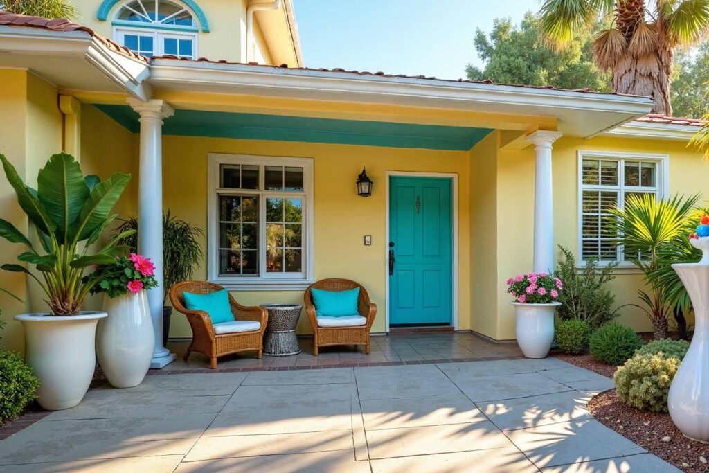 Tropical-Style Home With Pale Yellow Walls and Aqua Door with White Trim, Outdoor home painting, exterior house painting, Home exterior painting, Outside house painting, External home painting, House exterior painting, Residential exterior painting, Facade painting, Exterior wall painting, Outdoor color schemes, External house color concepts, Outside painting inspiration, Home exterior color suggestions, Outdoor paint design concepts, External color combinations, House facade color ideas, Residential exterior colors, Street view attractiveness, Home exterior aesthetics, Outside home appearance, External home charm, Property visual appeal, Front-facing attractiveness, Home facade enhancement, First impression enhancement, Home color inspiration, Residential paint concepts, House color motivation, Home exterior design ideas, Painting design stimulus, Residential color concepts, Home exterior vision, Property painting concepts