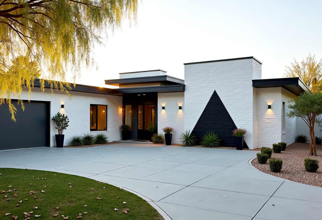 White Mid-Century Modern with Black Trim and Black Design, exterior home painting, residential facade enhancement/transformation, house exterior treatment/enhancement, dwelling surface decoration/coloration, property outer wall treatments/designs, architectural surface painting/treatment, building perimeter decoration/enhancement, home outside surface applications/design, facade improvement, residential exterior transformation, house surface painting, geometric shapes, triangular elements, diagonal lines, garage door transformations, desert modern, mid-century modern, color coordination, architectural interest, strategic lighting, visual energy, curb appeal, neighborhood standout, color blocking, architectural features