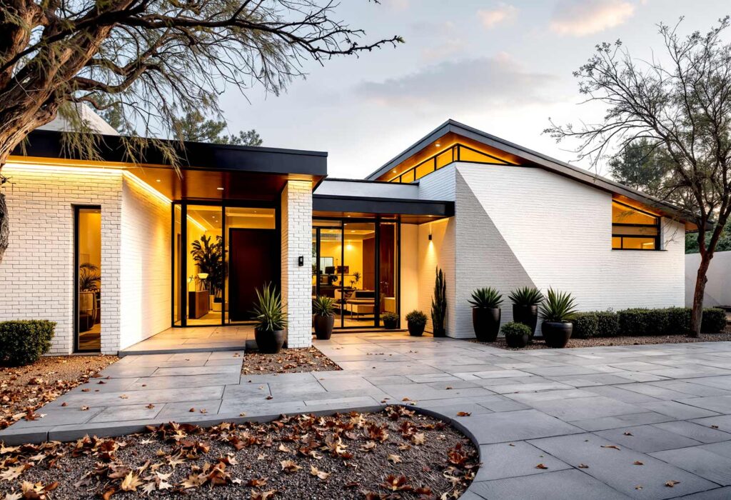 White Mid-Century Modern with Black Trim and Gray Design, exterior home painting, residential facade enhancement/transformation, house exterior treatment/enhancement, dwelling surface decoration/coloration, property outer wall treatments/designs, architectural surface painting/treatment, building perimeter decoration/enhancement, home outside surface applications/design, facade improvement, residential exterior transformation, house surface painting, geometric shapes, triangular elements, diagonal lines, garage door transformations, desert modern, mid-century modern, color coordination, architectural interest, strategic lighting, visual energy, curb appeal, neighborhood standout, color blocking, architectural features