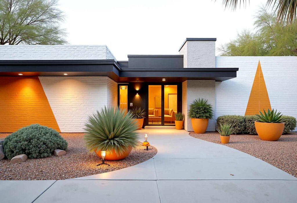 White Mid-Century Modern with Black Trim and Yellow Design, exterior home painting, residential facade enhancement/transformation, house exterior treatment/enhancement, dwelling surface decoration/coloration, property outer wall treatments/designs, architectural surface painting/treatment, building perimeter decoration/enhancement, home outside surface applications/design, facade improvement, residential exterior transformation, house surface painting, geometric shapes, triangular elements, diagonal lines, garage door transformations, desert modern, mid-century modern, color coordination, architectural interest, strategic lighting, visual energy, curb appeal, neighborhood standout, color blocking, architectural features