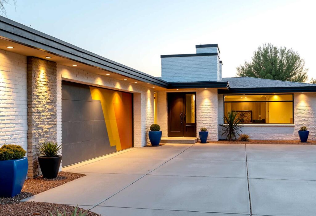 White Mid-Century Modern with Black Trim and Yellow Orange and Gray Design, exterior home painting, residential facade enhancement/transformation, house exterior treatment/enhancement, dwelling surface decoration/coloration, property outer wall treatments/designs, architectural surface painting/treatment, building perimeter decoration/enhancement, home outside surface applications/design, facade improvement, residential exterior transformation, house surface painting, geometric shapes, triangular elements, diagonal lines, garage door transformations, desert modern, mid-century modern, color coordination, architectural interest, strategic lighting, visual energy, curb appeal, neighborhood standout, color blocking, architectural features