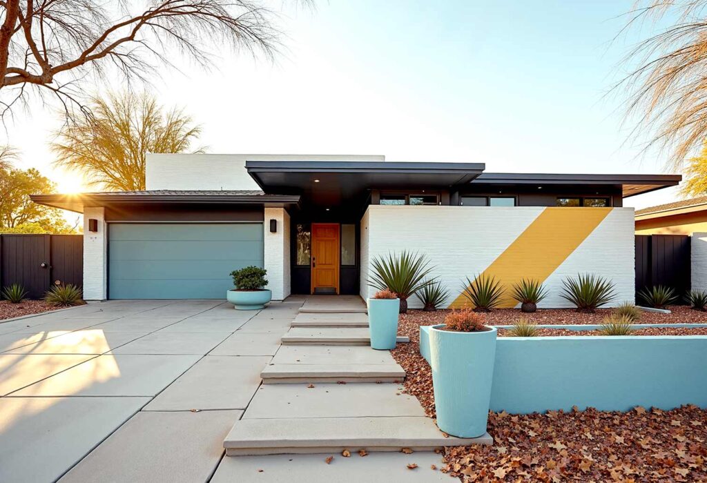 White Mid-Century Modern with Black Trim and Yellow and Blue Design, exterior home painting, residential facade enhancement/transformation, house exterior treatment/enhancement, dwelling surface decoration/coloration, property outer wall treatments/designs, architectural surface painting/treatment, building perimeter decoration/enhancement, home outside surface applications/design, facade improvement, residential exterior transformation, house surface painting, geometric shapes, triangular elements, diagonal lines, garage door transformations, desert modern, mid-century modern, color coordination, architectural interest, strategic lighting, visual energy, curb appeal, neighborhood standout, color blocking, architectural features