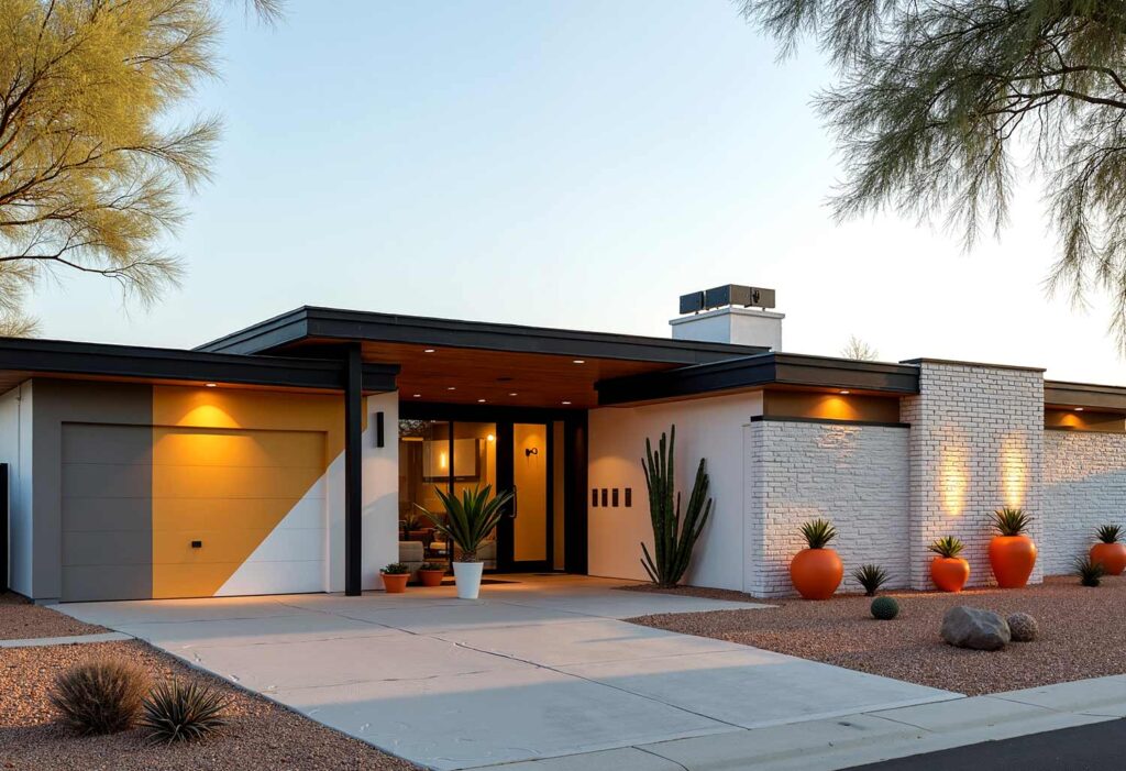 White Mid-Century Modern with Black Trim and Yellow and Gray Design, exterior home painting, residential facade enhancement/transformation, house exterior treatment/enhancement, dwelling surface decoration/coloration, property outer wall treatments/designs, architectural surface painting/treatment, building perimeter decoration/enhancement, home outside surface applications/design, facade improvement, residential exterior transformation, house surface painting, geometric shapes, triangular elements, diagonal lines, garage door transformations, desert modern, mid-century modern, color coordination, architectural interest, strategic lighting, visual energy, curb appeal, neighborhood standout, color blocking, architectural features