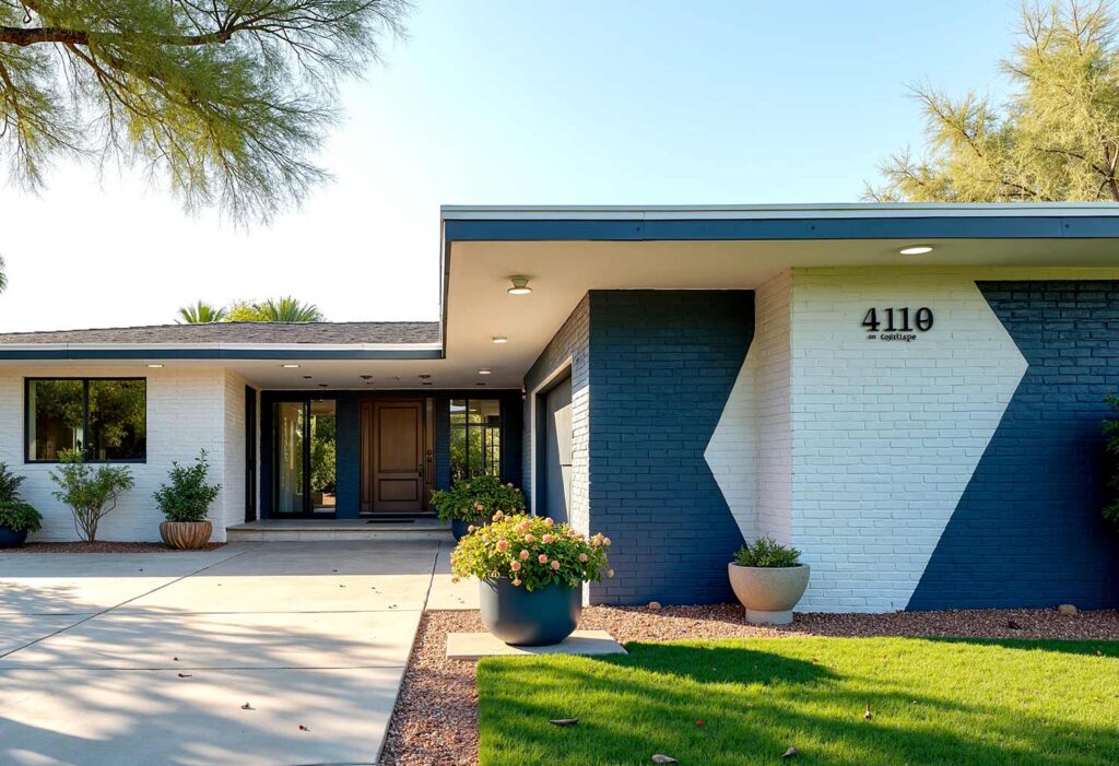 White Mid-Century Modern with Blue Trim and Blue Design, exterior home painting, residential facade enhancement/transformation, house exterior treatment/enhancement, dwelling surface decoration/coloration, property outer wall treatments/designs, architectural surface painting/treatment, building perimeter decoration/enhancement, home outside surface applications/design, facade improvement, residential exterior transformation, house surface painting, geometric shapes, triangular elements, diagonal lines, garage door transformations, desert modern, mid-century modern, color coordination, architectural interest, strategic lighting, visual energy, curb appeal, neighborhood standout, color blocking, architectural features