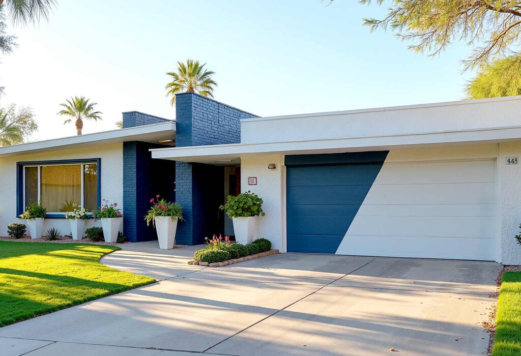 White Mid-Century Modern with Blue Trim and Blue Design, exterior home painting, residential facade enhancement/transformation, house exterior treatment/enhancement, dwelling surface decoration/coloration, property outer wall treatments/designs, architectural surface painting/treatment, building perimeter decoration/enhancement, home outside surface applications/design, facade improvement, residential exterior transformation, house surface painting, geometric shapes, triangular elements, diagonal lines, garage door transformations, desert modern, mid-century modern, color coordination, architectural interest, strategic lighting, visual energy, curb appeal, neighborhood standout, color blocking, architectural features