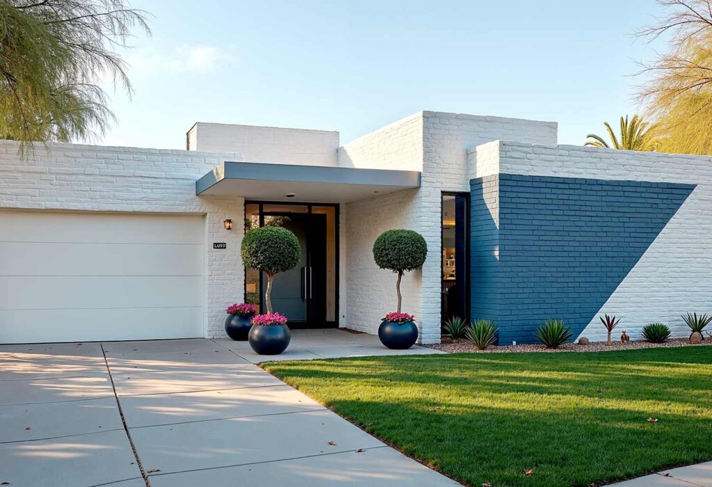 White Mid-Century Modern with White Trim and Blue Design, exterior home painting, residential facade enhancement/transformation, house exterior treatment/enhancement, dwelling surface decoration/coloration, property outer wall treatments/designs, architectural surface painting/treatment, building perimeter decoration/enhancement, home outside surface applications/design, facade improvement, residential exterior transformation, house surface painting, geometric shapes, triangular elements, diagonal lines, garage door transformations, desert modern, mid-century modern, color coordination, architectural interest, strategic lighting, visual energy, curb appeal, neighborhood standout, color blocking, architectural features