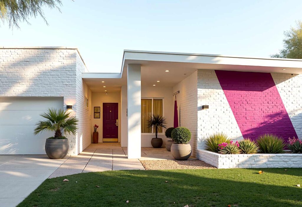 White Mid-Century Modern with White Trim and Fuchsia Design, exterior home painting, residential facade enhancement/transformation, house exterior treatment/enhancement, dwelling surface decoration/coloration, property outer wall treatments/designs, architectural surface painting/treatment, building perimeter decoration/enhancement, home outside surface applications/design, facade improvement, residential exterior transformation, house surface painting, geometric shapes, triangular elements, diagonal lines, garage door transformations, desert modern, mid-century modern, color coordination, architectural interest, strategic lighting, visual energy, curb appeal, neighborhood standout, color blocking, architectural features