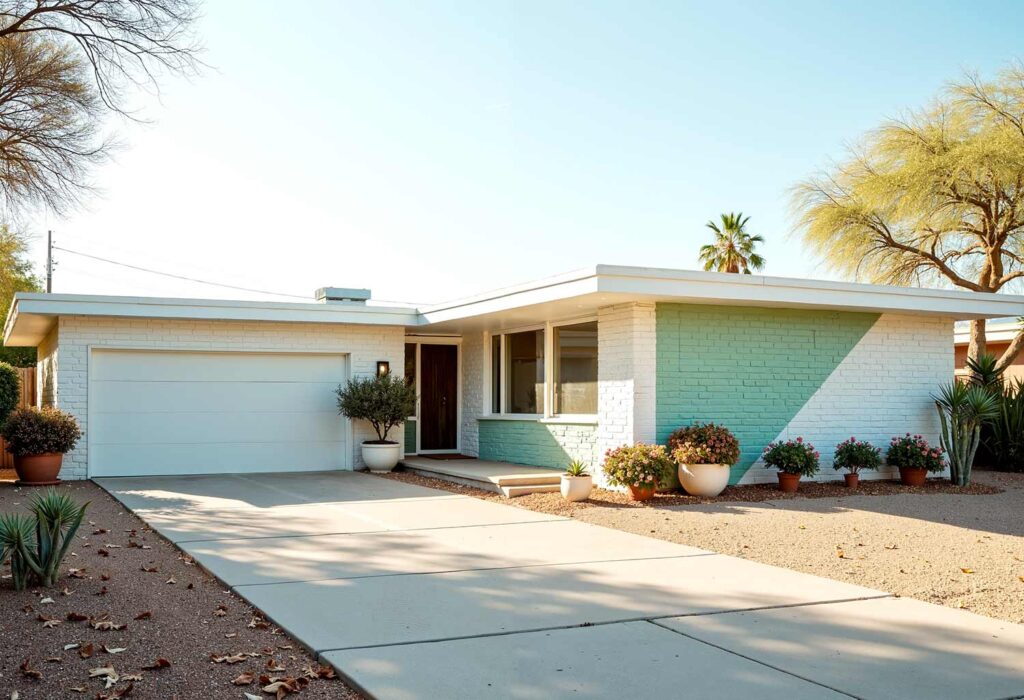 White Mid-Century Modern with White Trim and Light Green Design, exterior home painting, residential facade enhancement/transformation, house exterior treatment/enhancement, dwelling surface decoration/coloration, property outer wall treatments/designs, architectural surface painting/treatment, building perimeter decoration/enhancement, home outside surface applications/design, facade improvement, residential exterior transformation, house surface painting, geometric shapes, triangular elements, diagonal lines, garage door transformations, desert modern, mid-century modern, color coordination, architectural interest, strategic lighting, visual energy, curb appeal, neighborhood standout, color blocking, architectural features