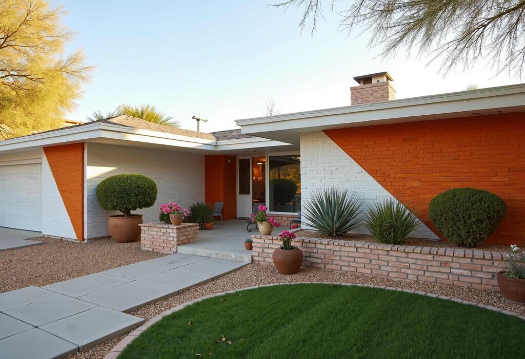 White Mid-Century Modern with White Trim and Orange Design, exterior home painting, residential facade enhancement/transformation, house exterior treatment/enhancement, dwelling surface decoration/coloration, property outer wall treatments/designs, architectural surface painting/treatment, building perimeter decoration/enhancement, home outside surface applications/design, facade improvement, residential exterior transformation, house surface painting, geometric shapes, triangular elements, diagonal lines, garage door transformations, desert modern, mid-century modern, color coordination, architectural interest, strategic lighting, visual energy, curb appeal, neighborhood standout, color blocking, architectural features