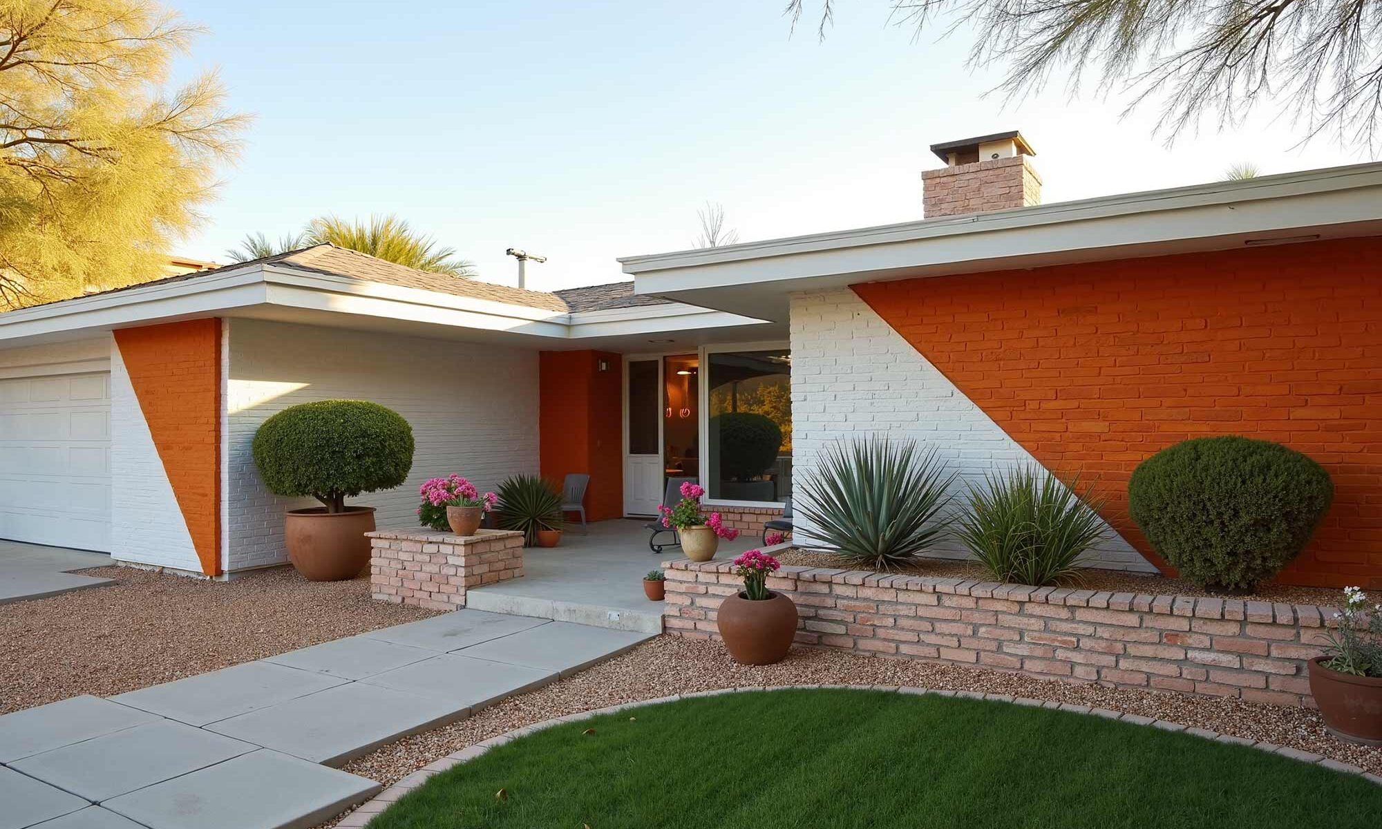 White Mid-Century Modern with White Trim and Orange Design, exterior home painting, residential facade enhancement/transformation, house exterior treatment/enhancement, dwelling surface decoration/coloration, property outer wall treatments/designs, architectural surface painting/treatment, building perimeter decoration/enhancement, home outside surface applications/design, facade improvement, residential exterior transformation, house surface painting, geometric shapes, triangular elements, diagonal lines, garage door transformations, desert modern, mid-century modern, color coordination, architectural interest, strategic lighting, visual energy, curb appeal, neighborhood standout, color blocking, architectural features