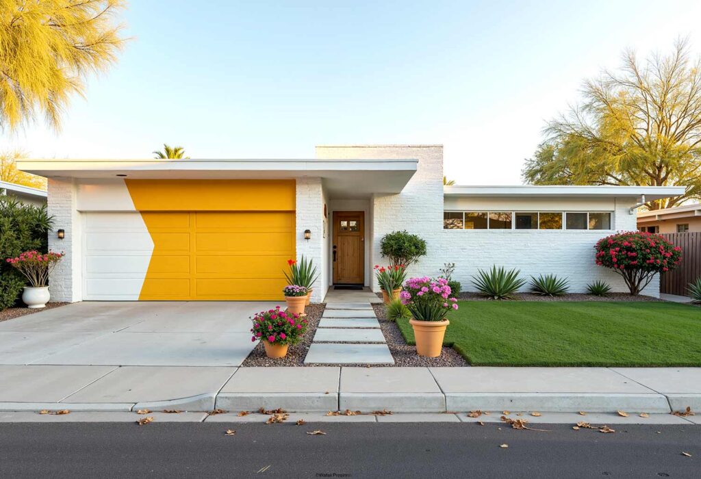 White Mid-Century Modern with White Trim and Yellow Design, exterior home painting, residential facade enhancement/transformation, house exterior treatment/enhancement, dwelling surface decoration/coloration, property outer wall treatments/designs, architectural surface painting/treatment, building perimeter decoration/enhancement, home outside surface applications/design, facade improvement, residential exterior transformation, house surface painting, geometric shapes, triangular elements, diagonal lines, garage door transformations, desert modern, mid-century modern, color coordination, architectural interest, strategic lighting, visual energy, curb appeal, neighborhood standout, color blocking, architectural features