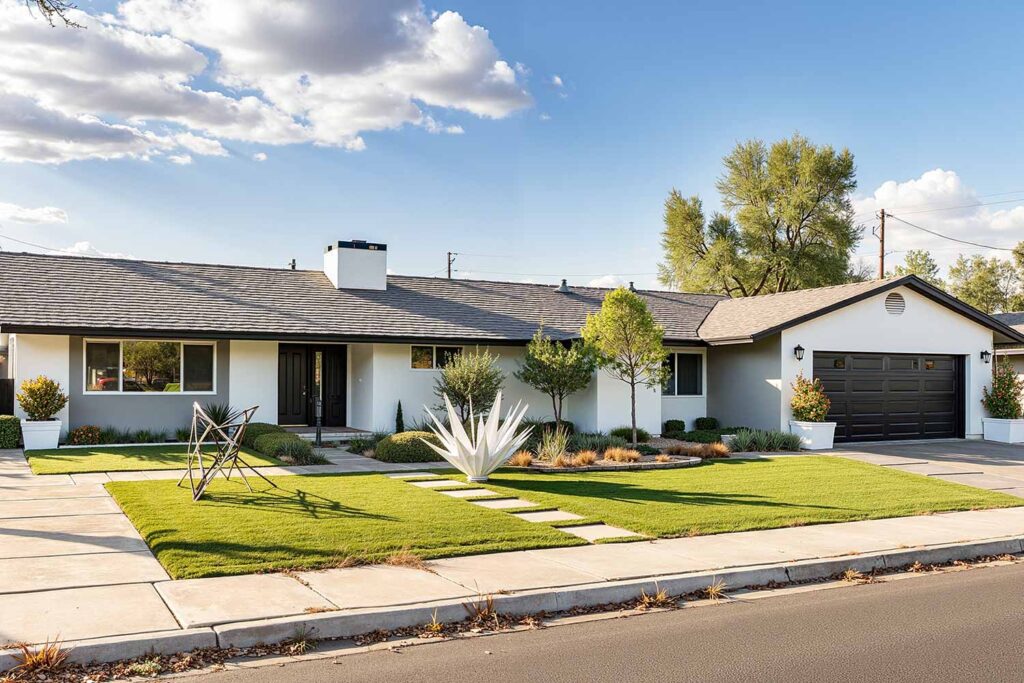 Arcadia Farmhouse Ranch with White Walls Light Gray Accent Black Trim, ranch house color scheme, ranch house colors, Exterior color ideas, House painting inspiration, Two-tone color scheme, Ranch architecture, ranch style, ranch home, ranch silhouette, Color combination, color palette, color pairing, color expression, Exterior Facade, outdoor, outside surface, exterior walls, Modern, Contemporary, current, updated, fresh, Transformation, Makeover, reimagining, updating, refreshing,