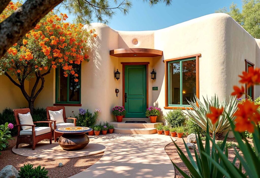 Boutique Retreat Phoenix Guest House in Stunning Colors White Stucco Green Door, Guest house colors, Guest house color ideas, Guest house painting, Painting a guest house, Phoenix guest house, Exterior color schemes, Desert color combinations, Backyard retreat colors, Boutique resort aesthetics, Mini getaway design, Casita colors, Garden cottage, Mini retreat colors, Tiny sanctuary, Desert dwelling, Color palettes, Paint colors, Color combinations, Color schemes, Exterior finishes, Paint choices