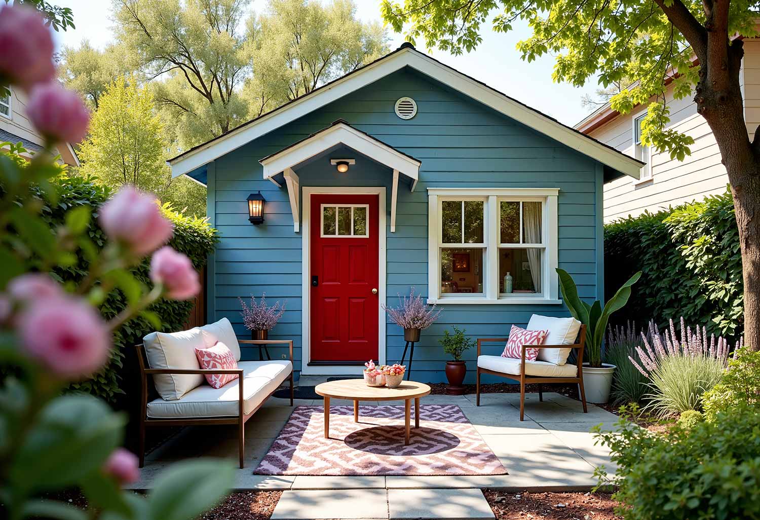 Boutique Retreat Phoenix Guest House in Stunning Colors Blue Walls White Trim Red Door, Guest house colors, Guest house color ideas, Guest house painting, Painting a guest house, Phoenix guest house, Exterior color schemes, Desert color combinations, Backyard retreat colors, Boutique resort aesthetics, Mini getaway design, Casita colors, Garden cottage, Mini retreat colors, Tiny sanctuary, Desert dwelling, Color palettes, Paint colors, Color combinations, Color schemes, Exterior finishes, Paint choices