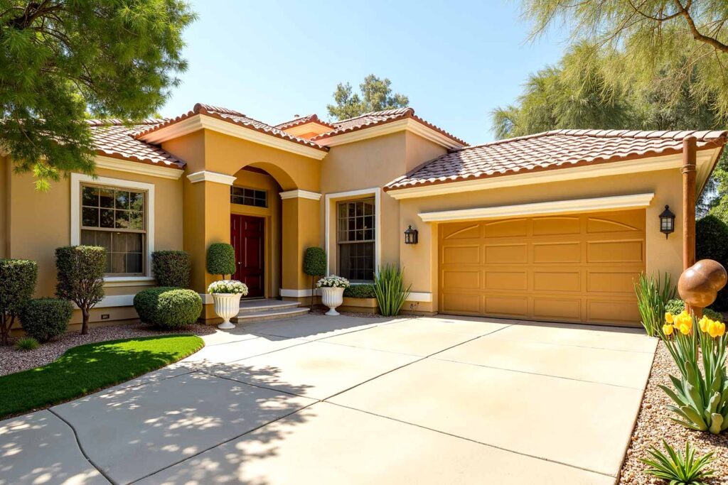 Classic Colonial House with Tone-on-Tone Gold Walls and White Trim, exterior house colors, home exterior painting, exterior color ideas, exterior home painting, tone-on-tone color schemes, curb appeal, architectural style, accent walls, body color, accent shade, trim color, front door color, tone-on-tone exterior, architectural details, color family, exterior transformation, layered colors, exterior color stories, exterior color palettes, exterior color combinations, home color schemes, exterior painting project, exterior painting transformation, exterior color application, layered shades, different shades within the same color family, subtle shifts, tonal shifts, color progression