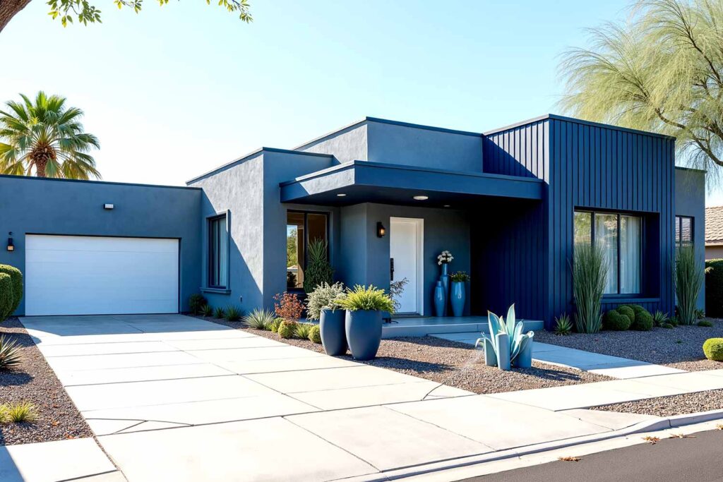 Coastal Modern Home in Denim Blue with Dark Blue Accent and White Door, two-tone exterior house colors, two-tone exterior house colors, modern exterior paint combinations, bold exterior color schemes, exterior color pairings, architectural color schemes, popular exterior paint colors 2025, exterior paint color combinations for historic homes, house painting ideas outside, exterior paint color combinations for ranch style homes, exterior paint color combinations with white trim, modern farmhouse exterior paint color combinations, warm neutral exterior colors, soft orange exterior paint, moody blue exterior, forest green exterior paint, accent color for exterior trim, exterior paint color combinations for craftsman homes, exterior paint color combinations with black trim, Bryce House Painting, House Painters Phoenix, Home Painters Scottsdale