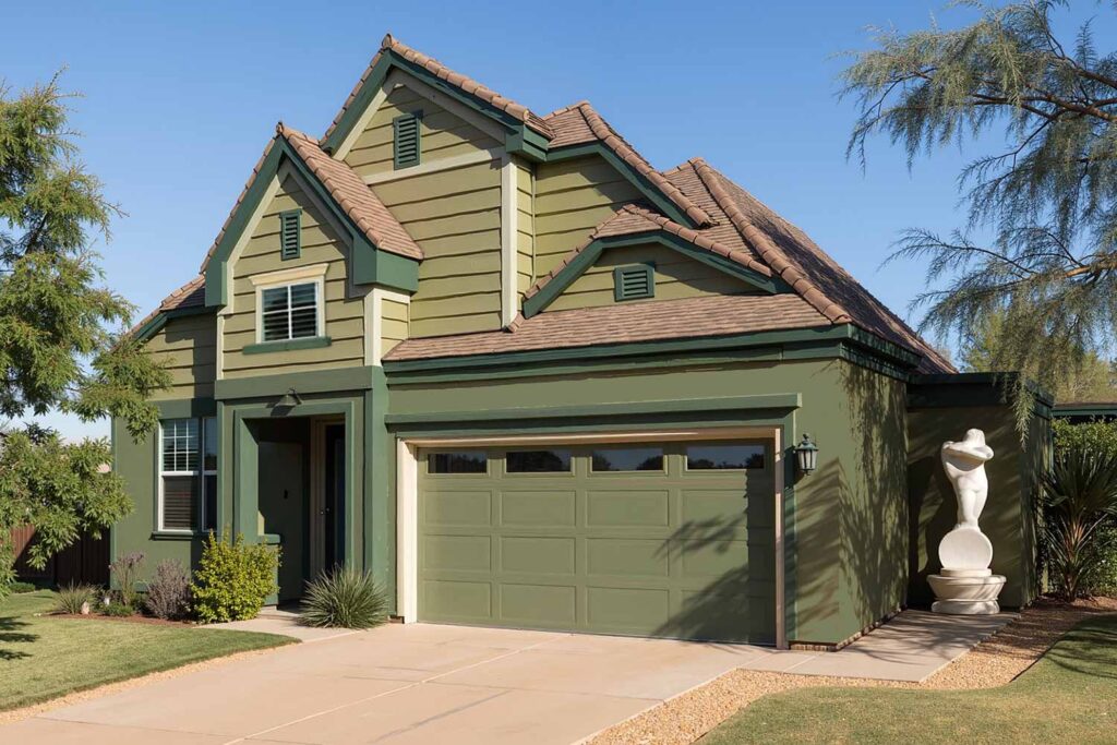 Contemporary Cottage with Tone-On-Tone Olive Green Walls Trim and Green Front Door, exterior house colors, home exterior painting, exterior color ideas, exterior home painting, tone-on-tone color schemes, curb appeal, architectural style, accent walls, body color, accent shade, trim color, front door color, tone-on-tone exterior, architectural details, color family, exterior transformation, layered colors, exterior color stories, exterior color palettes, exterior color combinations, home color schemes, exterior painting project, exterior painting transformation, exterior color application, layered shades, different shades within the same color family, subtle shifts, tonal shifts, color progression