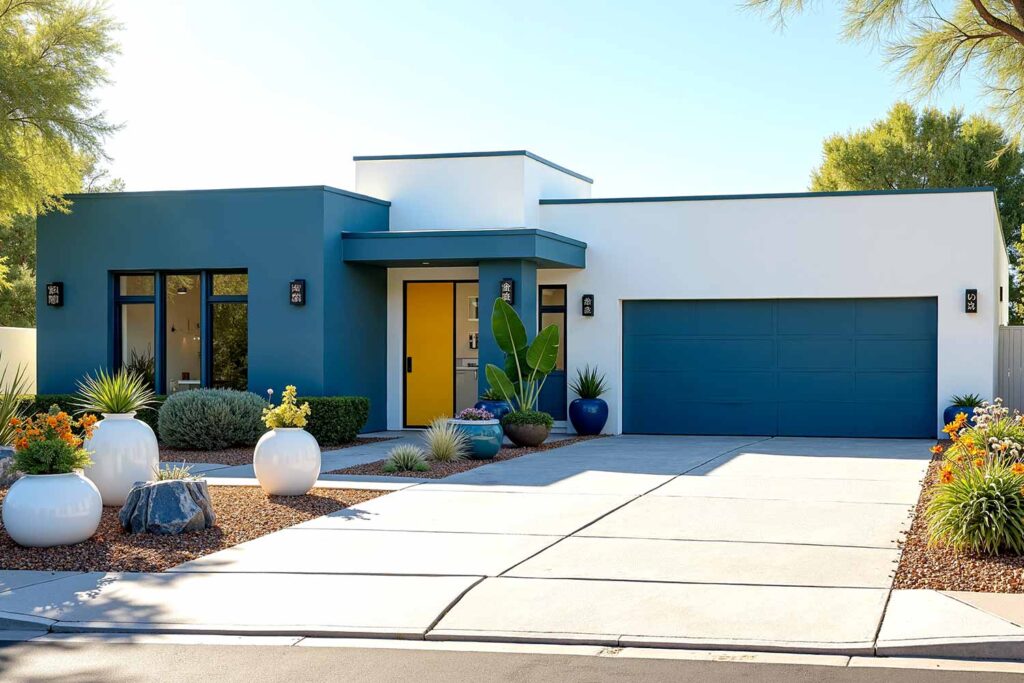 Contemporary Home with White Walls Dark Blue-Teal Accent Wall and Trim and Yellow Door, two-tone exterior house colors, two-tone exterior house colors, modern exterior paint combinations, bold exterior color schemes, exterior color pairings, architectural color schemes, popular exterior paint colors 2025, exterior paint color combinations for historic homes, house painting ideas outside, exterior paint color combinations for ranch style homes, exterior paint color combinations with white trim, modern farmhouse exterior paint color combinations, warm neutral exterior colors, soft orange exterior paint, moody blue exterior, forest green exterior paint, accent color for exterior trim, exterior paint color combinations for craftsman homes, exterior paint color combinations with black trim, Bryce House Painting, House Painters Phoenix, Home Painters Scottsdale