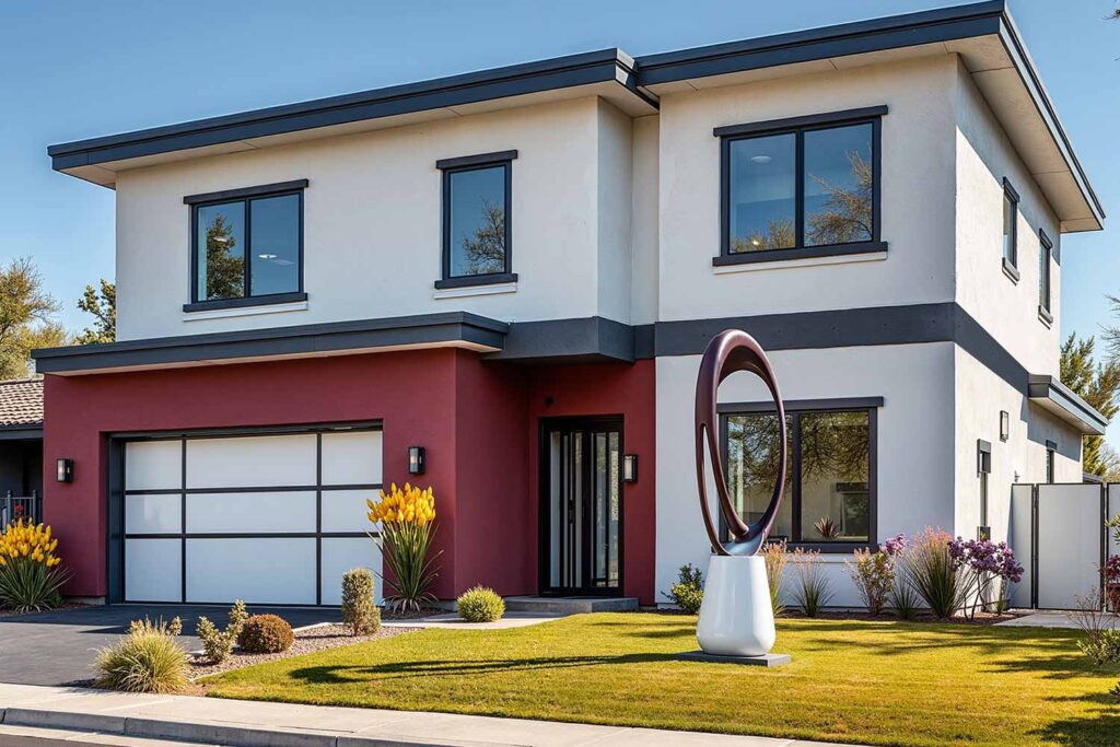 Contemporary Home with White Walls and Burgundy Accent and Wall Black Trim, exterior color schemes, house colors, exterior color ideas, exterior home painting, exterior paint colors, exterior color combinations, exterior color palette, house color combinations, siding color combinations, outdoor color trends, facade design, curb appeal colors