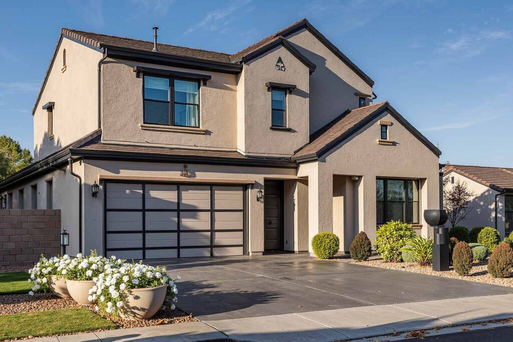 Contemporary House with Soft Greige Walls Jet Black Trim and Subtle Brass Accents, exterior color schemes, house colors, exterior color ideas, exterior home painting, exterior paint colors, exterior color combinations, exterior color palette, house color combinations, siding color combinations, outdoor color trends, facade design, curb appeal colors