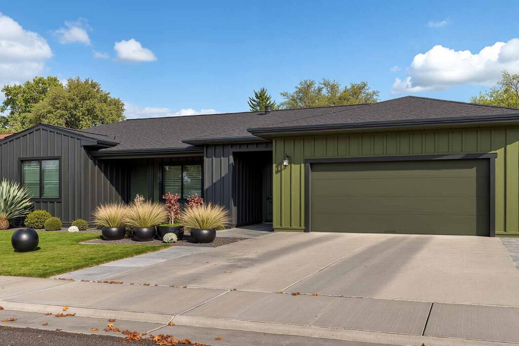 Contemporary Ranch House with Avocado Green Siding Gray Accent Black Trim, exterior color schemes, house colors, exterior color ideas, exterior home painting, exterior paint colors, exterior color combinations, exterior color palette, house color combinations, siding color combinations, outdoor color trends, facade design, curb appeal colors