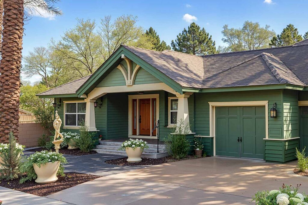 Craftsman House with Green Walls Lighter Green Accent Cream Trim and Rust Front Door, exterior house colors, home exterior painting, exterior color ideas, exterior home painting, tone-on-tone color schemes, curb appeal, architectural style, accent walls, body color, accent shade, trim color, front door color, tone-on-tone exterior, architectural details, color family, exterior transformation, layered colors, exterior color stories, exterior color palettes, exterior color combinations, home color schemes, exterior painting project, exterior painting transformation, exterior color application, layered shades, different shades within the same color family, subtle shifts, tonal shifts, color progression