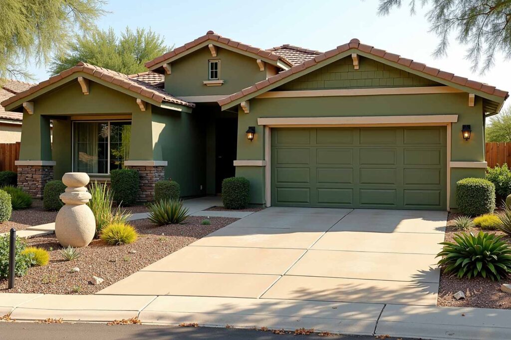 Craftsman House with Tone-On-Tone Green Walls and Accent and Light Beige Trim, exterior house colors, home exterior painting, exterior color ideas, exterior home painting, tone-on-tone color schemes, curb appeal, architectural style, accent walls, body color, accent shade, trim color, front door color, tone-on-tone exterior, architectural details, color family, exterior transformation, layered colors, exterior color stories, exterior color palettes, exterior color combinations, home color schemes, exterior painting project, exterior painting transformation, exterior color application, layered shades, different shades within the same color family, subtle shifts, tonal shifts, color progression