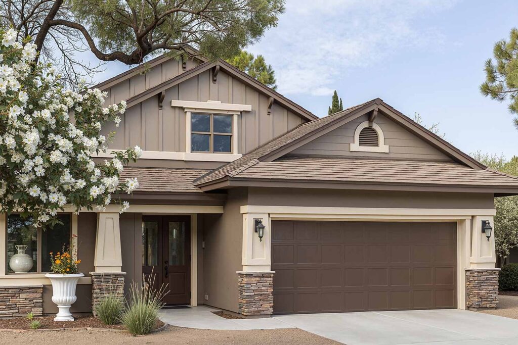Craftsman House with Taupe Walls Lighter Taupe Accents Off-White Trim and Brown Door, exterior house colors, home exterior painting, exterior color ideas, exterior home painting, tone-on-tone color schemes, curb appeal, architectural style, accent walls, body color, accent shade, trim color, front door color, tone-on-tone exterior, architectural details, color family, exterior transformation, layered colors, exterior color stories, exterior color palettes, exterior color combinations, home color schemes, exterior painting project, exterior painting transformation, exterior color application, layered shades, different shades within the same color family, subtle shifts, tonal shifts, color progression