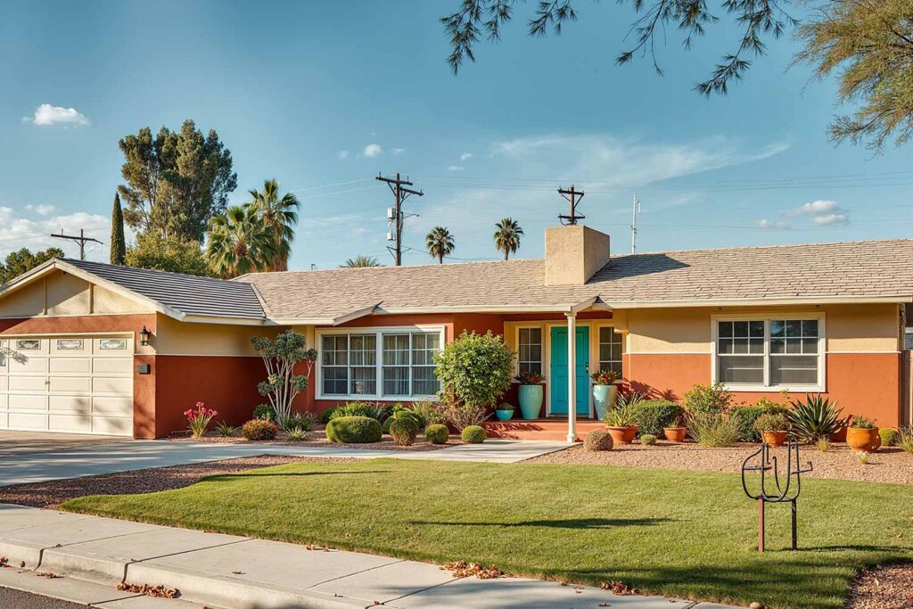Desert Ranch with Terracotta Walls Sandstone Accent Cream Trim and Turquoise Door, ranch house color scheme, ranch house colors, Exterior color ideas, House painting inspiration, Two-tone color scheme, Ranch architecture, ranch style, ranch home, ranch silhouette, Color combination, color palette, color pairing, color expression, Exterior Facade, outdoor, outside surface, exterior walls, Modern, Contemporary, current, updated, fresh, Transformation, Makeover, reimagining, updating, refreshing,