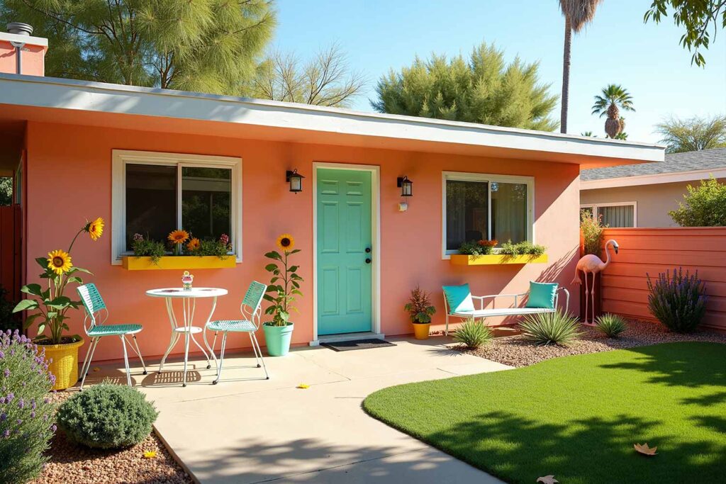 Desert Sherbet Mid-century Modern Guest House with Coral Walls White Trim Green Door, Guest house colors, Guest house color ideas, Guest house painting, Painting a guest house, Phoenix guest house, Exterior color schemes, Desert color combinations, Backyard retreat colors, Boutique resort aesthetics, Mini getaway design, Casita colors, Garden cottage, Mini retreat colors, Tiny sanctuary, Desert dwelling, Color palettes, Paint colors, Color combinations, Color schemes, Exterior finishes, Paint choices