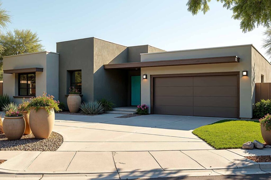 Earth-Tone Modern Home with Warm Beige Walls Gray Accent Walls Dark Brown Trim and Teal Door, two-tone exterior house colors, two-tone exterior house colors, modern exterior paint combinations, bold exterior color schemes, exterior color pairings, architectural color schemes, popular exterior paint colors 2025, exterior paint color combinations for historic homes, house painting ideas outside, exterior paint color combinations for ranch style homes, exterior paint color combinations with white trim, modern farmhouse exterior paint color combinations, warm neutral exterior colors, soft orange exterior paint, moody blue exterior, forest green exterior paint, accent color for exterior trim, exterior paint color combinations for craftsman homes, exterior paint color combinations with black trim, Bryce House Painting, House Painters Phoenix, Home Painters Scottsdale