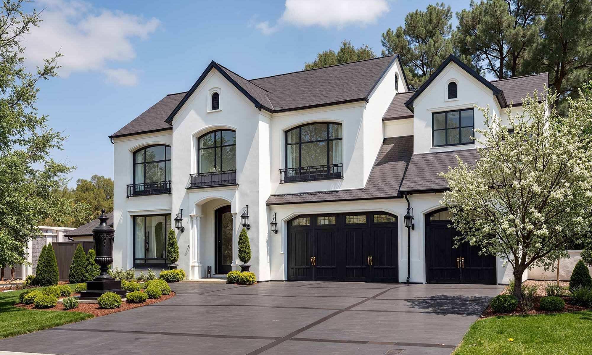 Grand Colonial Estate with Ivory White Walls Onyx Black Trim and Architectural Detail, home exterior color ideas, exterior color coordination, exterior color pattern, exterior color consultation, exterior color inspiration, Exterior Color Schemes That Transform Your Home's Look, House Colors That Create Luxury Appeal, Unexpected Exterior Color Ideas, Exterior Home Painting Techniques for Distinction