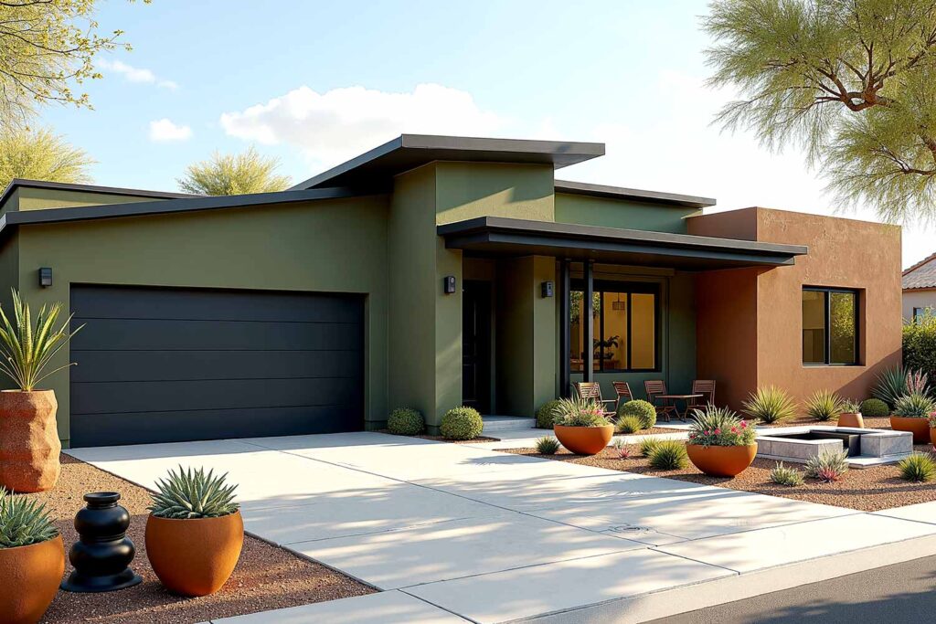 Home with Dark Olive Green Walls Tan Accent Wall Black Trim and Black Door, two-tone exterior house colors, two-tone exterior house colors, modern exterior paint combinations, bold exterior color schemes, exterior color pairings, architectural color schemes, popular exterior paint colors 2025, exterior paint color combinations for historic homes, house painting ideas outside, exterior paint color combinations for ranch style homes, exterior paint color combinations with white trim, modern farmhouse exterior paint color combinations, warm neutral exterior colors, soft orange exterior paint, moody blue exterior, forest green exterior paint, accent color for exterior trim, exterior paint color combinations for craftsman homes, exterior paint color combinations with black trim, Bryce House Painting, House Painters Phoenix, Home Painters Scottsdale