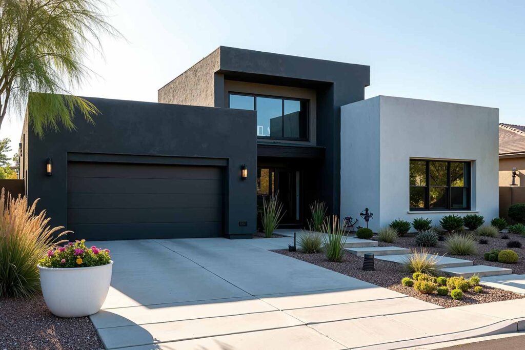 Home with Deep Charcoal Walls and White Accent Walls, two-tone exterior house colors, two-tone exterior house colors, modern exterior paint combinations, bold exterior color schemes, exterior color pairings, architectural color schemes, popular exterior paint colors 2025, exterior paint color combinations for historic homes, house painting ideas outside, exterior paint color combinations for ranch style homes, exterior paint color combinations with white trim, modern farmhouse exterior paint color combinations, warm neutral exterior colors, soft orange exterior paint, moody blue exterior, forest green exterior paint, accent color for exterior trim, exterior paint color combinations for craftsman homes, exterior paint color combinations with black trim, Bryce House Painting, House Painters Phoenix, Home Painters Scottsdale
