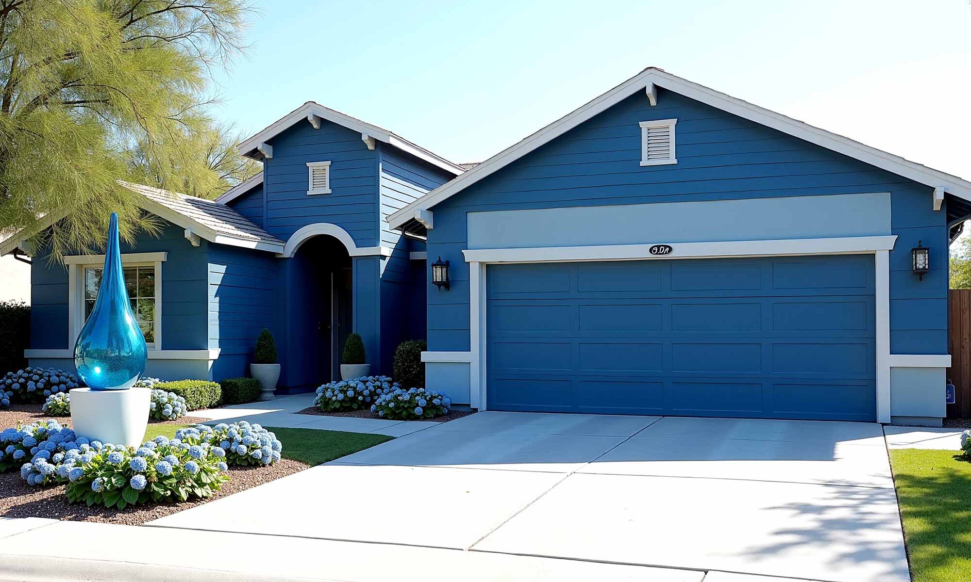 House With Navy Blue Walls Sky Blue Accent and White Trim, exterior house colors, home exterior painting, exterior color ideas, exterior home painting, tone-on-tone color schemes, curb appeal, architectural style, accent walls, body color, accent shade, trim color, front door color, tone-on-tone exterior, architectural details, color family, exterior transformation, layered colors, exterior color stories, exterior color palettes, exterior color combinations, home color schemes, exterior painting project, exterior painting transformation, exterior color application, layered shades, different shades within the same color family, subtle shifts, tonal shifts, color progression