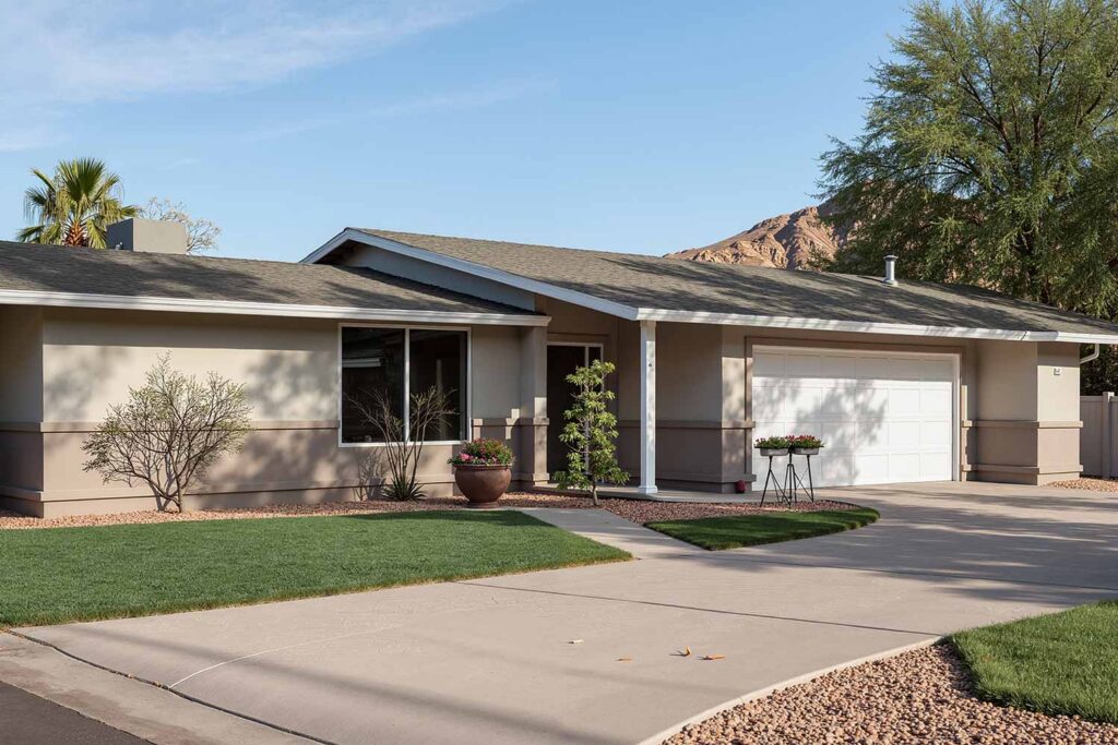 House with Greige Walls Taupe Accent and White Trim, ranch house color scheme, ranch house colors, Exterior color ideas, House painting inspiration, Two-tone color scheme, Ranch architecture, ranch style, ranch home, ranch silhouette, Color combination, color palette, color pairing, color expression, Exterior Facade, outdoor, outside surface, exterior walls, Modern, Contemporary, current, updated, fresh, Transformation, Makeover, reimagining, updating, refreshing,