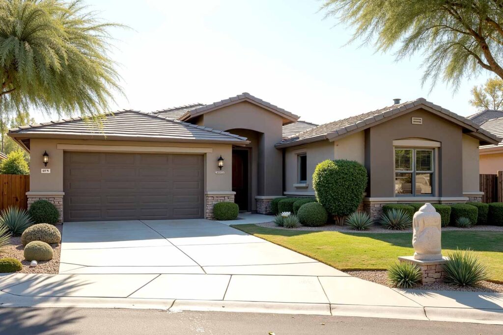 House with Greige and Dark Greige Walls Tone-on-Tone Color Scheme, exterior house colors, home exterior painting, exterior color ideas, exterior home painting, tone-on-tone color schemes, curb appeal, architectural style, accent walls, body color, accent shade, trim color, front door color, tone-on-tone exterior, architectural details, color family, exterior transformation, layered colors, exterior color stories, exterior color palettes, exterior color combinations, home color schemes, exterior painting project, exterior painting transformation, exterior color application, layered shades, different shades within the same color family, subtle shifts, tonal shifts, color progression