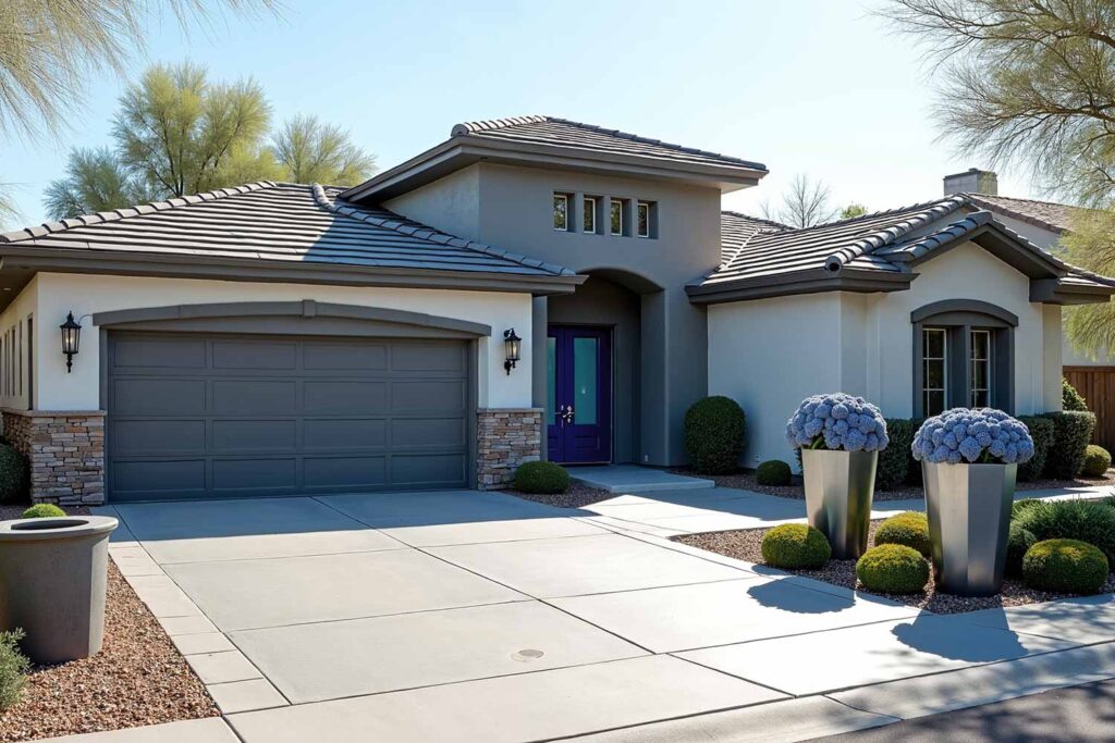 House with Light Gray Walls and Dark Gray Accent and Charcoal Trim and Navy Blue, exterior house colors, home exterior painting, exterior color ideas, exterior home painting, tone-on-tone color schemes, curb appeal, architectural style, accent walls, body color, accent shade, trim color, front door color, tone-on-tone exterior, architectural details, color family, exterior transformation, layered colors, exterior color stories, exterior color palettes, exterior color combinations, home color schemes, exterior painting project, exterior painting transformation, exterior color application, layered shades, different shades within the same color family, subtle shifts, tonal shifts, color progression