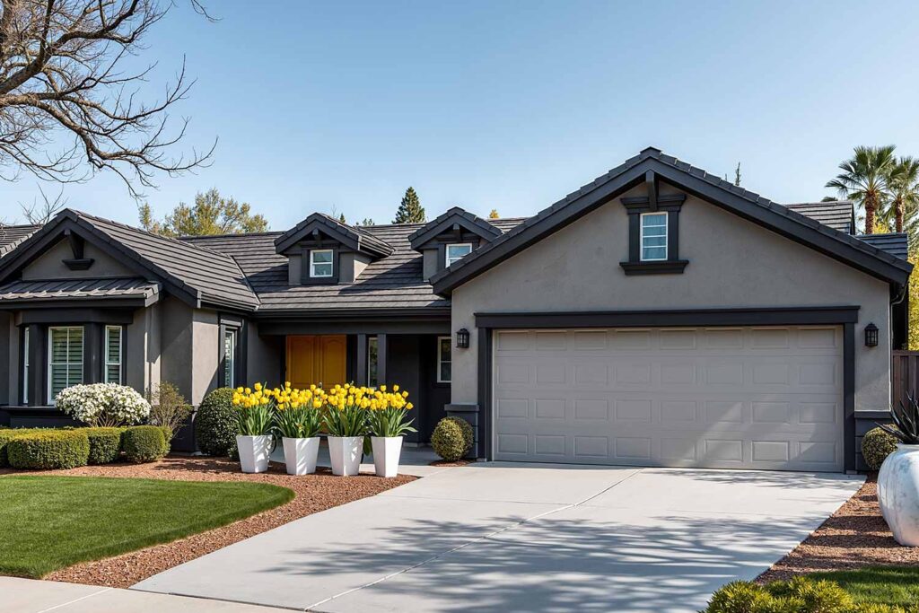 House with two-tone gray walls black trim and a bright yellow front door, exterior house colors, home exterior painting, exterior color ideas, exterior home painting, tone-on-tone color schemes, curb appeal, architectural style, accent walls, body color, accent shade, trim color, front door color, tone-on-tone exterior, architectural details, color family, exterior transformation, layered colors, exterior color stories, exterior color palettes, exterior color combinations, home color schemes, exterior painting project, exterior painting transformation, exterior color application, layered shades, different shades within the same color family, subtle shifts, tonal shifts, color progression