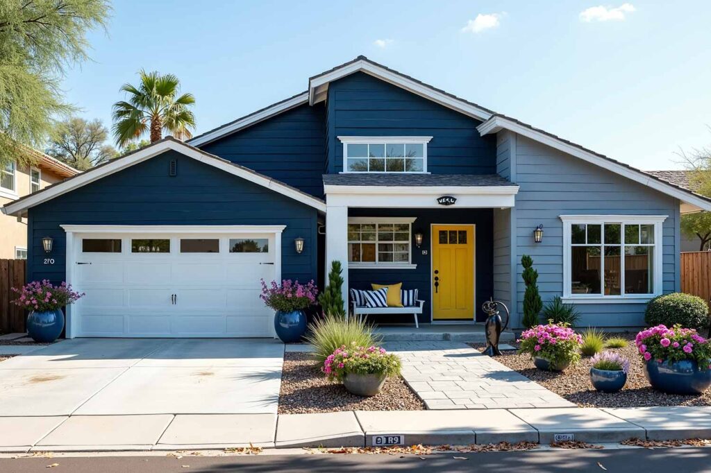 Large Modern Coastal House with Naval Blue Main Walls, Light Bluish Gray Accent Wall, and Crisp White Trim, two-tone exterior house colors, two-tone exterior house colors, modern exterior paint combinations, bold exterior color schemes, exterior color pairings, architectural color schemes, popular exterior paint colors 2025, exterior paint color combinations for historic homes, house painting ideas outside, exterior paint color combinations for ranch style homes, exterior paint color combinations with white trim, modern farmhouse exterior paint color combinations, warm neutral exterior colors, soft orange exterior paint, moody blue exterior, forest green exterior paint, accent color for exterior trim, exterior paint color combinations for craftsman homes, exterior paint color combinations with black trim, Bryce House Painting, House Painters Phoenix, Home Painters Scottsdale