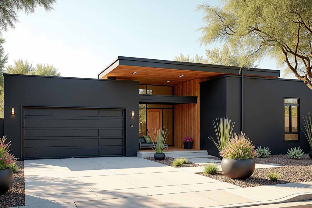 Large Modern Organic Home with Black Main Walls Natural Cedar Accent Wall and Black Trim, two-tone exterior house colors, two-tone exterior house colors, modern exterior paint combinations, bold exterior color schemes, exterior color pairings, architectural color schemes, popular exterior paint colors 2025, exterior paint color combinations for historic homes, house painting ideas outside, exterior paint color combinations for ranch style homes, exterior paint color combinations with white trim, modern farmhouse exterior paint color combinations, warm neutral exterior colors, soft orange exterior paint, moody blue exterior, forest green exterior paint, accent color for exterior trim, exterior paint color combinations for craftsman homes, exterior paint color combinations with black trim, Bryce House Painting, House Painters Phoenix, Home Painters Scottsdale