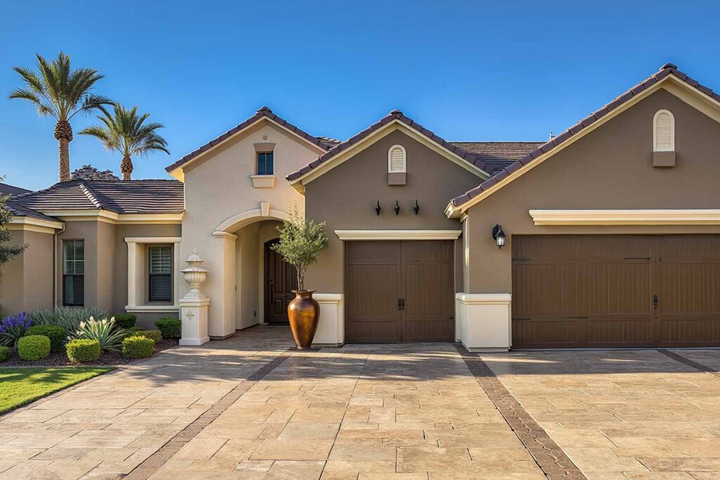 Mediterranean House with 2-Tone Taupe Walls and Creamy Off-White Trim, home exterior color ideas, exterior color coordination, exterior color pattern, exterior color consultation, exterior color inspiration, Exterior Color Schemes That Transform Your Home's Look, House Colors That Create Luxury Appeal, Unexpected Exterior Color Ideas, Exterior Home Painting Techniques for Distinction