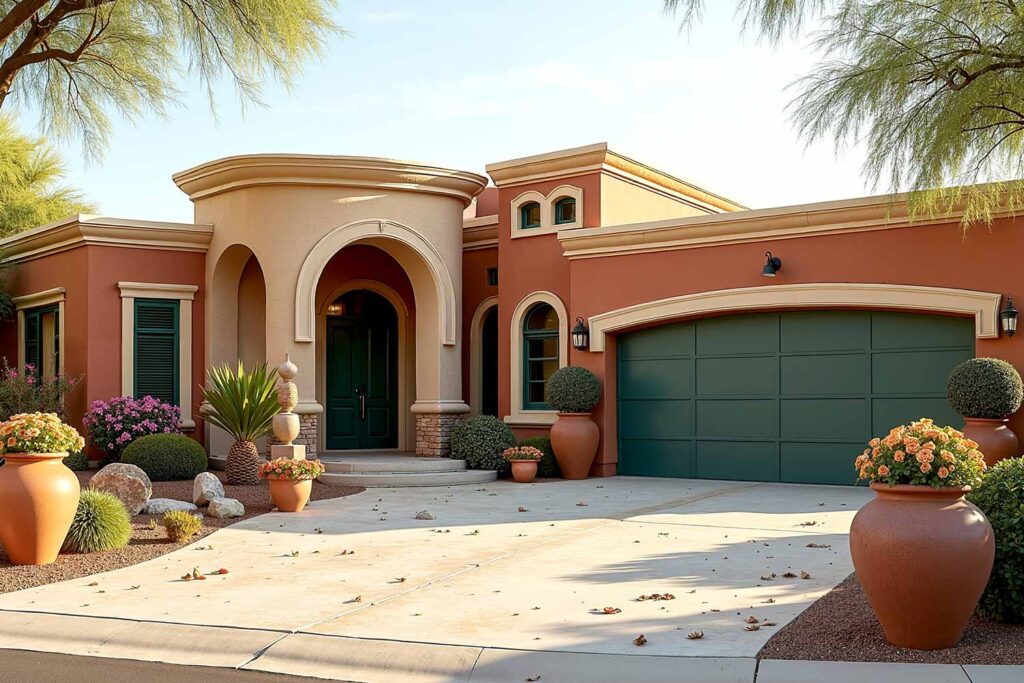 Mediterranean Revival Home with Muted Terracotta Main Walls Tan Accent Wall White Trim Dark Olive Green Door, two-tone exterior house colors, two-tone exterior house colors, modern exterior paint combinations, bold exterior color schemes, exterior color pairings, architectural color schemes, popular exterior paint colors 2025, exterior paint color combinations for historic homes, house painting ideas outside, exterior paint color combinations for ranch style homes, exterior paint color combinations with white trim, modern farmhouse exterior paint color combinations, warm neutral exterior colors, soft orange exterior paint, moody blue exterior, forest green exterior paint, accent color for exterior trim, exterior paint color combinations for craftsman homes, exterior paint color combinations with black trim, Bryce House Painting, House Painters Phoenix, Home Painters Scottsdale