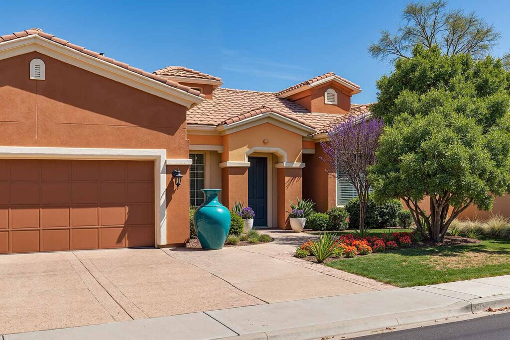 Mediterranean-Style House with Two-Tone Terracotta Walls Cream Trim and Teal Door, exterior house colors, home exterior painting, exterior color ideas, exterior home painting, tone-on-tone color schemes, curb appeal, architectural style, accent walls, body color, accent shade, trim color, front door color, tone-on-tone exterior, architectural details, color family, exterior transformation, layered colors, exterior color stories, exterior color palettes, exterior color combinations, home color schemes, exterior painting project, exterior painting transformation, exterior color application, layered shades, different shades within the same color family, subtle shifts, tonal shifts, color progression