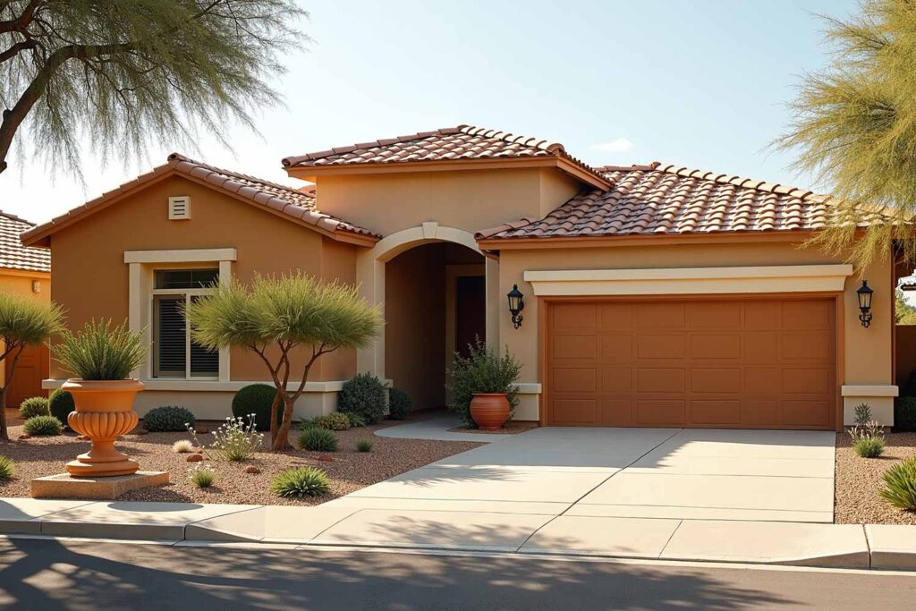 Mediterranean revival house with sandstone walls golden beige accent ivory trim, exterior house colors, home exterior painting, exterior color ideas, exterior home painting, tone-on-tone color schemes, curb appeal, architectural style, accent walls, body color, accent shade, trim color, front door color, tone-on-tone exterior, architectural details, color family, exterior transformation, layered colors, exterior color stories, exterior color palettes, exterior color combinations, home color schemes, exterior painting project, exterior painting transformation, exterior color application, layered shades, different shades within the same color family, subtle shifts, tonal shifts, color progression